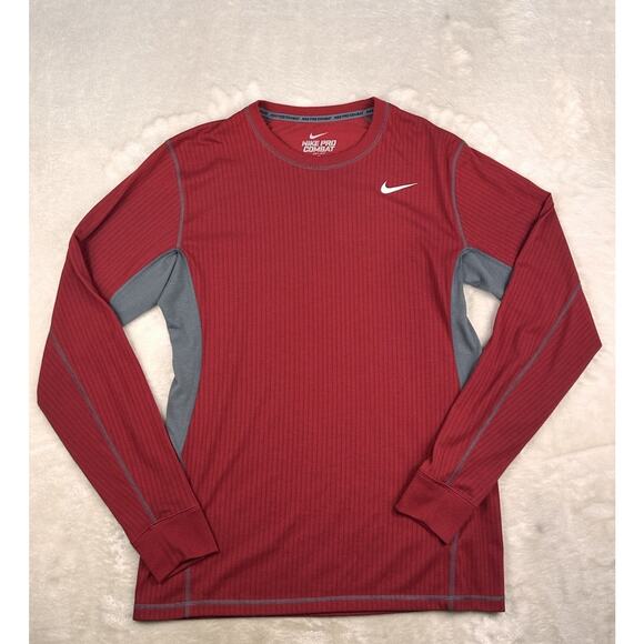 Nike Pro Combat Long Sleeve Compression Shirt Mens Large Red Fitted Lightweight - Picture 1 of 8